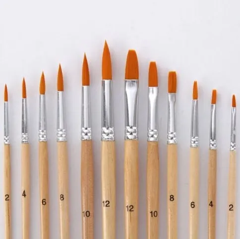 12 Pcs Paint Brushes - Watercolor Brushes - Oil Paint Brushes - Flat Painting Brushes - Wooden Art Artist Supplies - Size 2 4 6 8 10 12