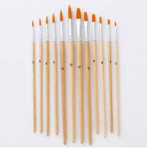 12 Pcs Paint Brushes - Watercolor Brushes - Oil Paint Brushes - Flat Painting Brushes - Wooden Art Artist Supplies - Size 2 4 6 8 10 12