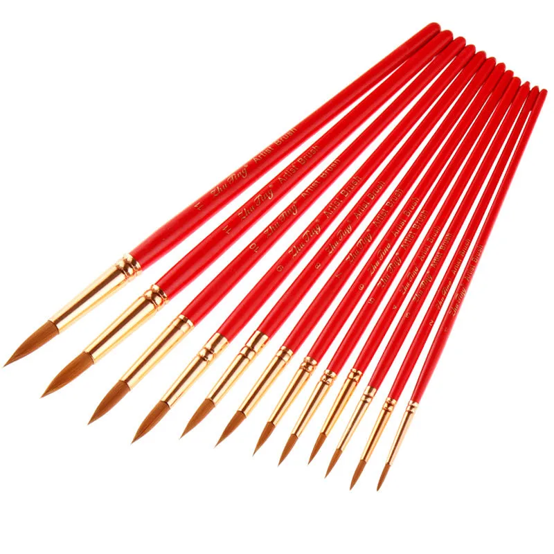 12pcs Watercolor Nylon Hair Brush Red Rod Flat Front