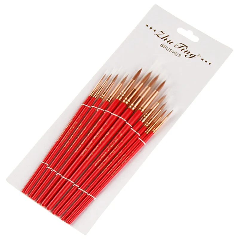 12pcs Watercolor Nylon Hair Brush Red Rod Flat Front