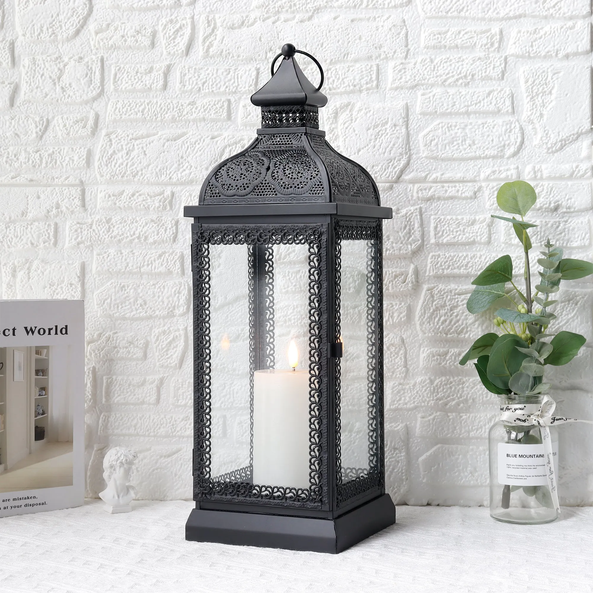 19'' High Rustic Style Metal Candle Lantern (Black)