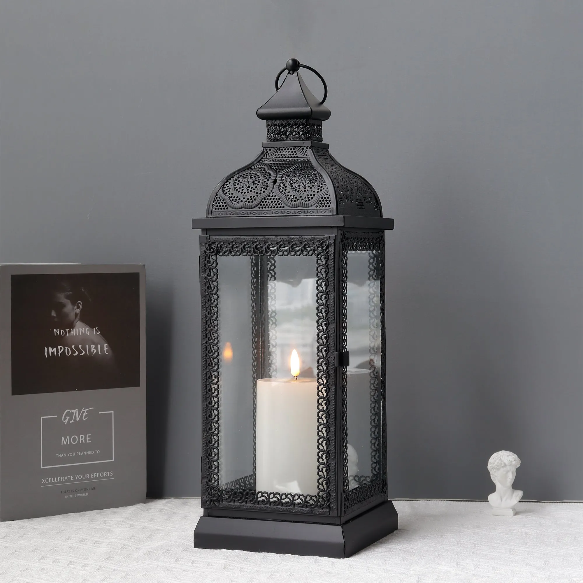 19'' High Rustic Style Metal Candle Lantern (Black)