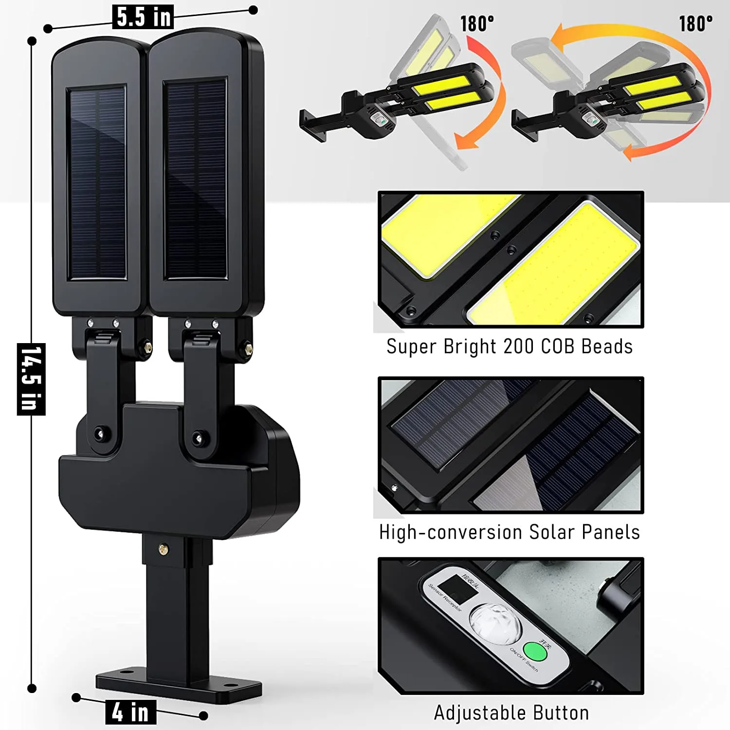 200 LED COB Solar Powered PIR Motion Sensor Security Wall Light With Remote