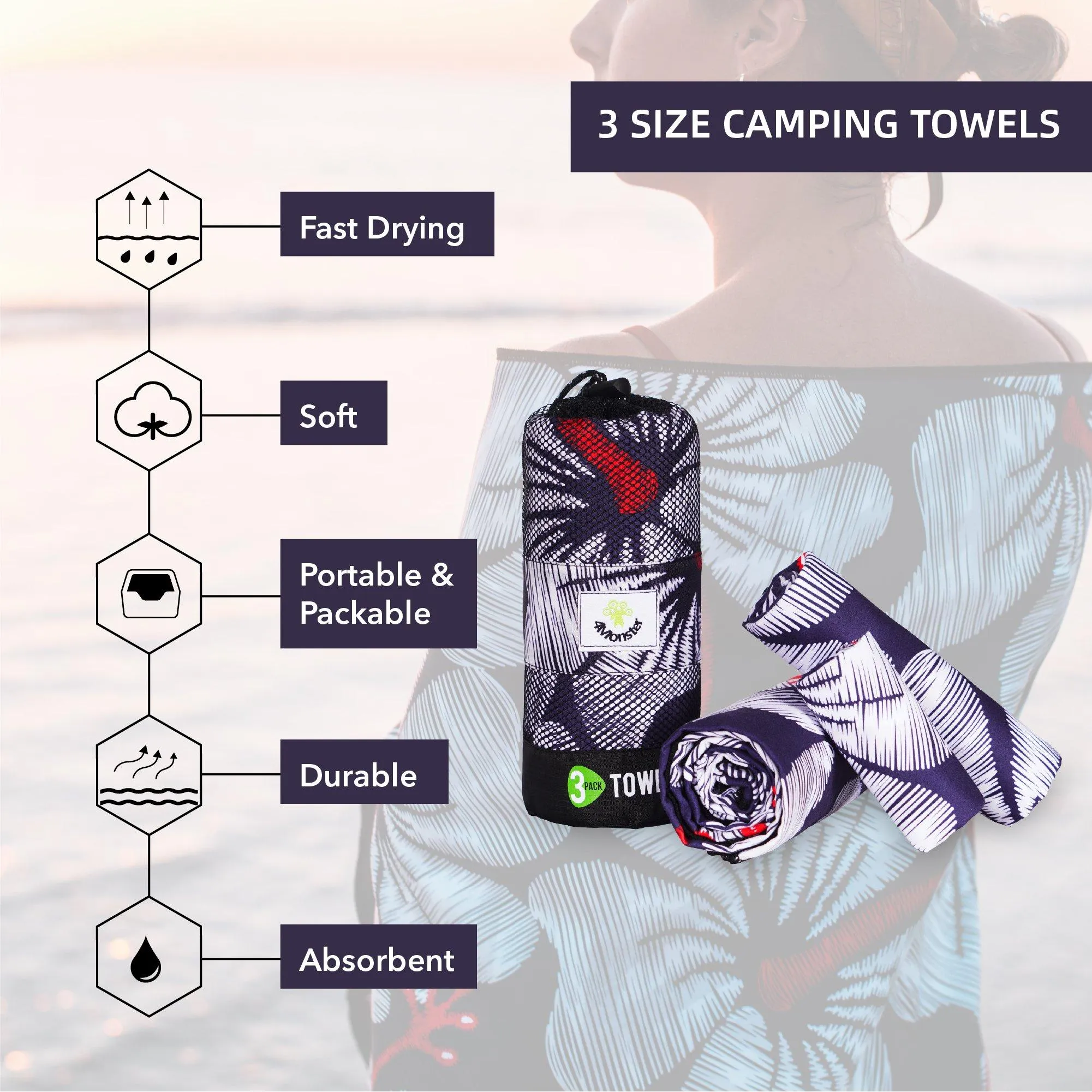 4Monster 3 Size Microfiber Camping/Beach/Face Towels For Multi-use