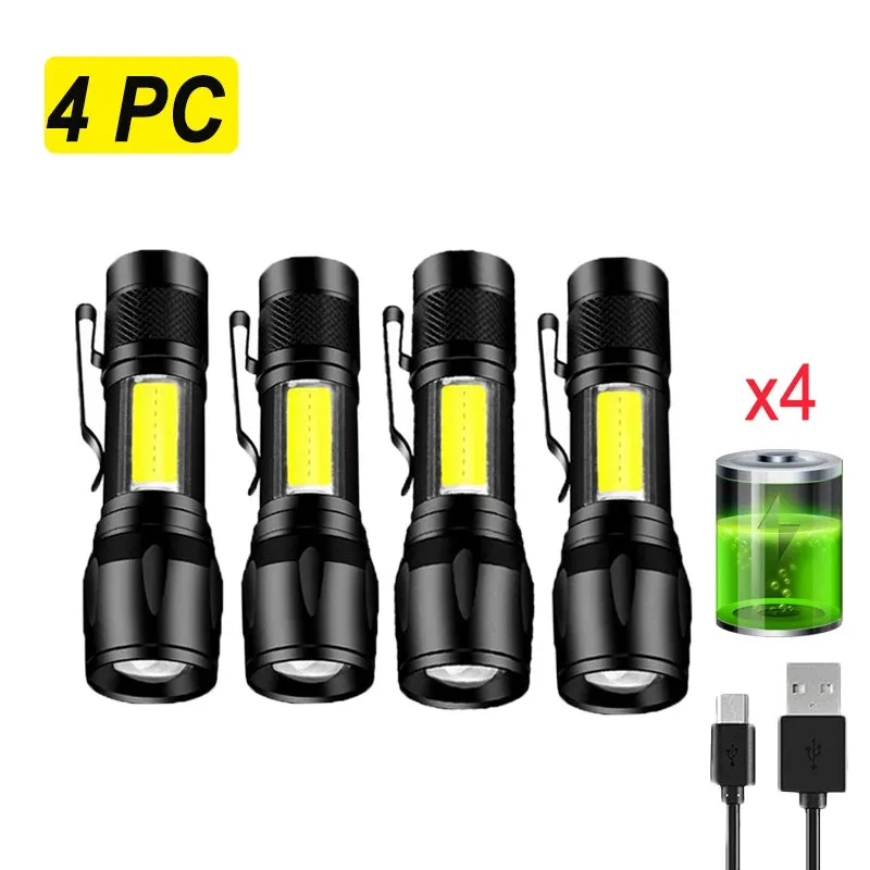 4PC High Power Rechargeable LED Flashlight Mini Zoom Torch Outdoor Camping Strong Lamp Lantern Waterproof Tactical Flashlight