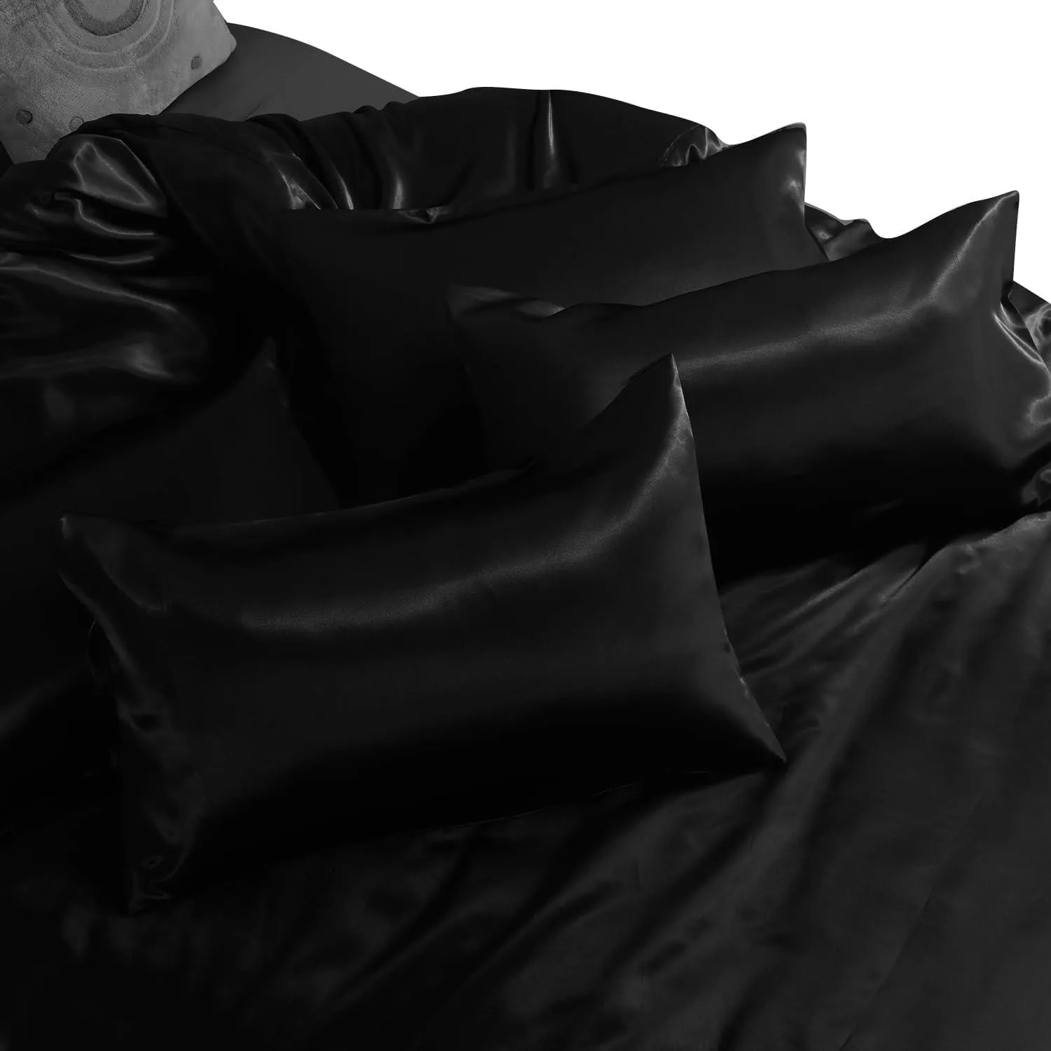 6PC BLACK Satin Bedding Set – Duvet, Fitted Sheet & Pillow Covers