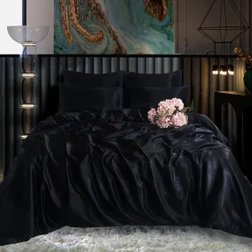 6PC BLACK Satin Bedding Set – Duvet, Fitted Sheet & Pillow Covers