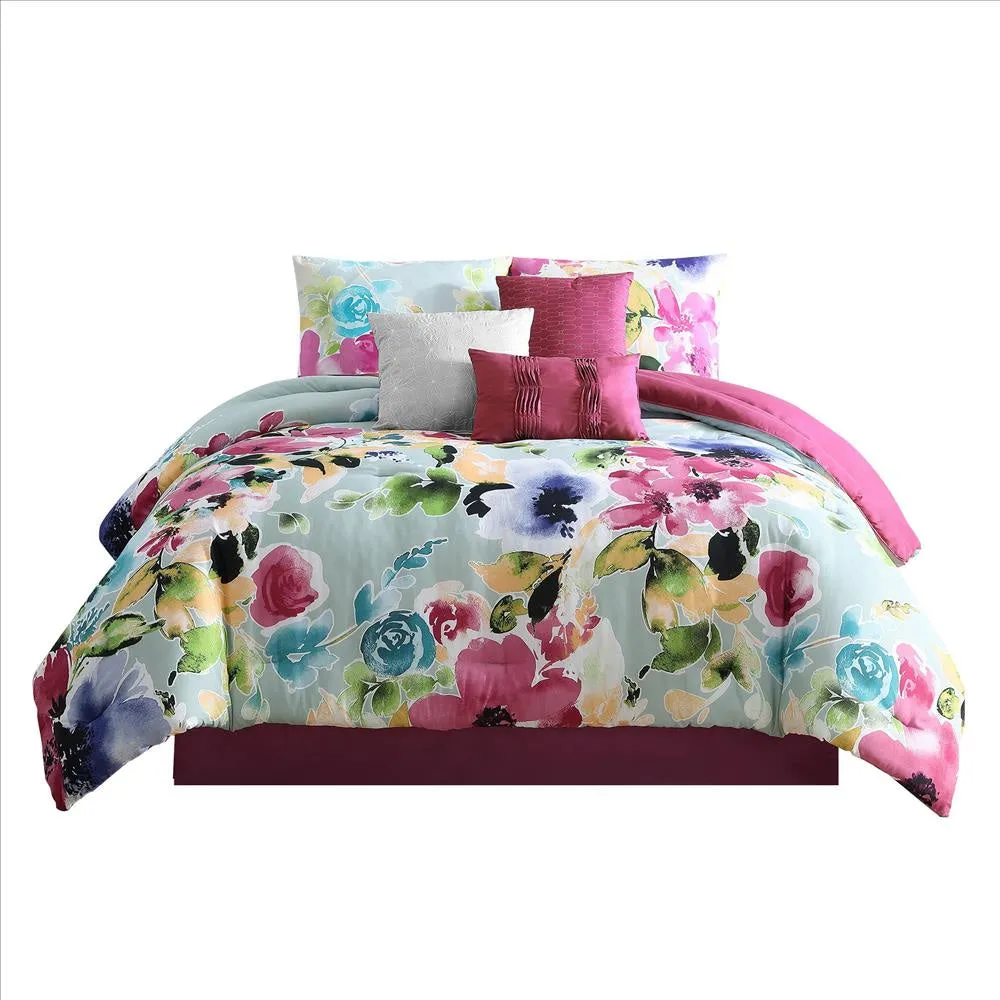 7 Piece Queen Comforter Set with Floral Print, Multicolor By Casagear Home