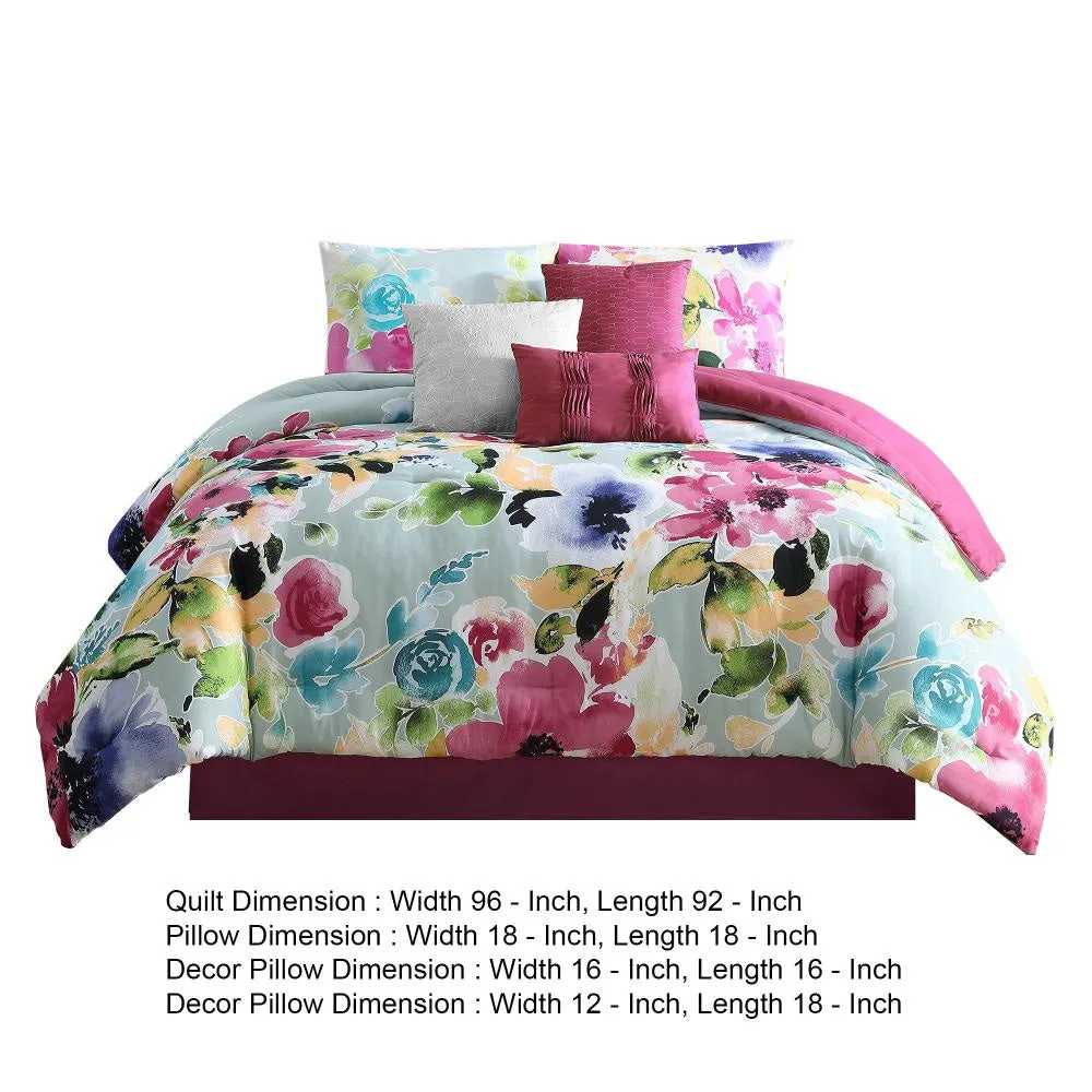 7 Piece Queen Comforter Set with Floral Print, Multicolor By Casagear Home