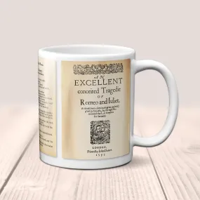 An excellent conceited tragedy of Romeo and Juliet by William Shakespeare Mug. Coffee Mug with  Romeo and Juliet book Title and Book Pages