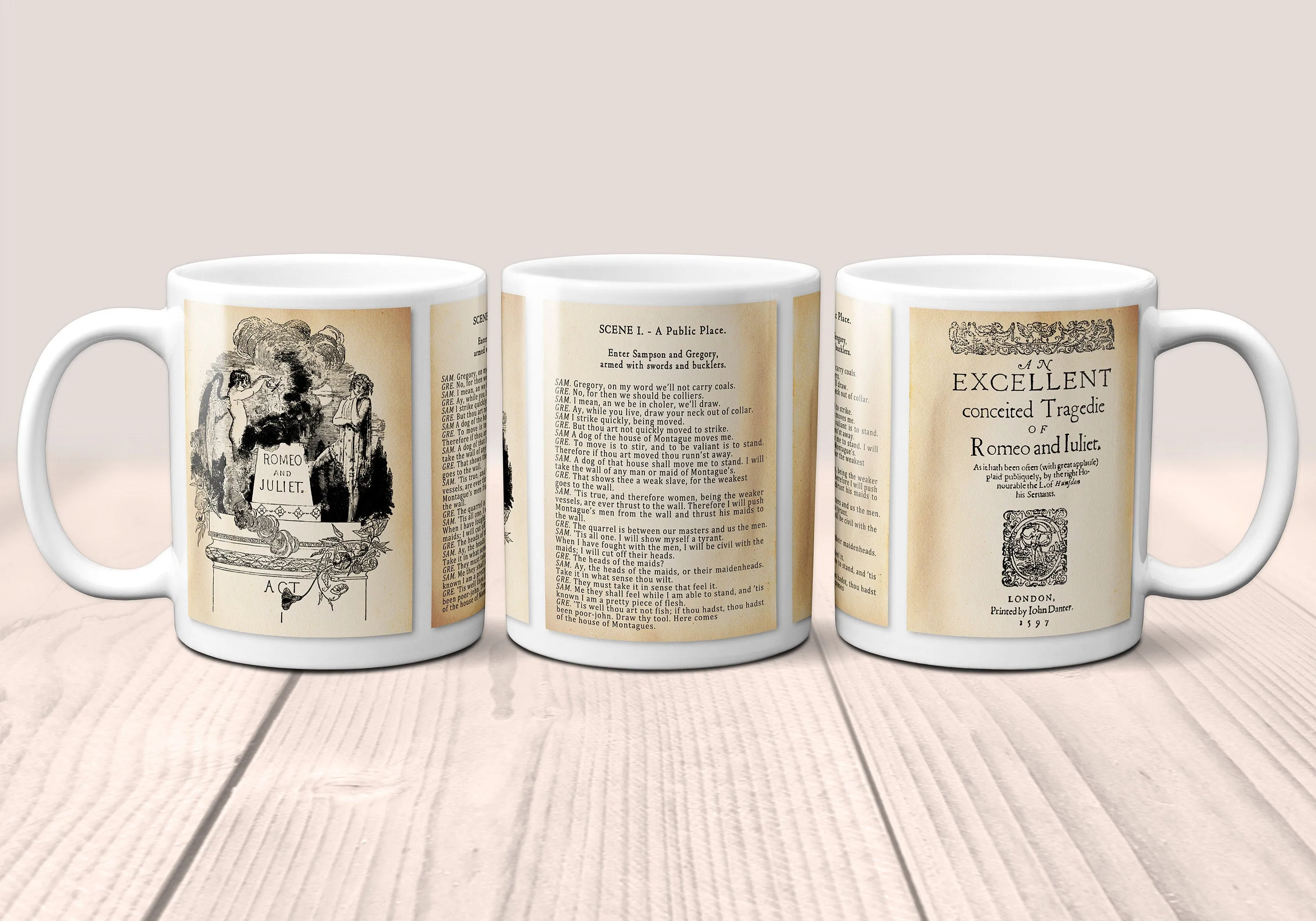 An excellent conceited tragedy of Romeo and Juliet by William Shakespeare Mug. Coffee Mug with  Romeo and Juliet book Title and Book Pages