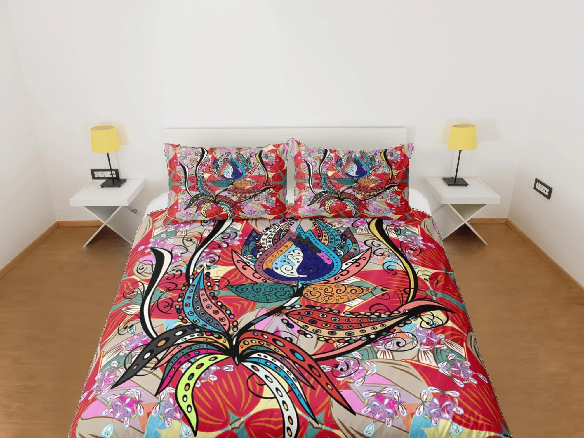 Artistic flower paisley red duvet cover set, aesthetic room decor bedding set full, king, queen size, abstract boho bedspread, luxury cover