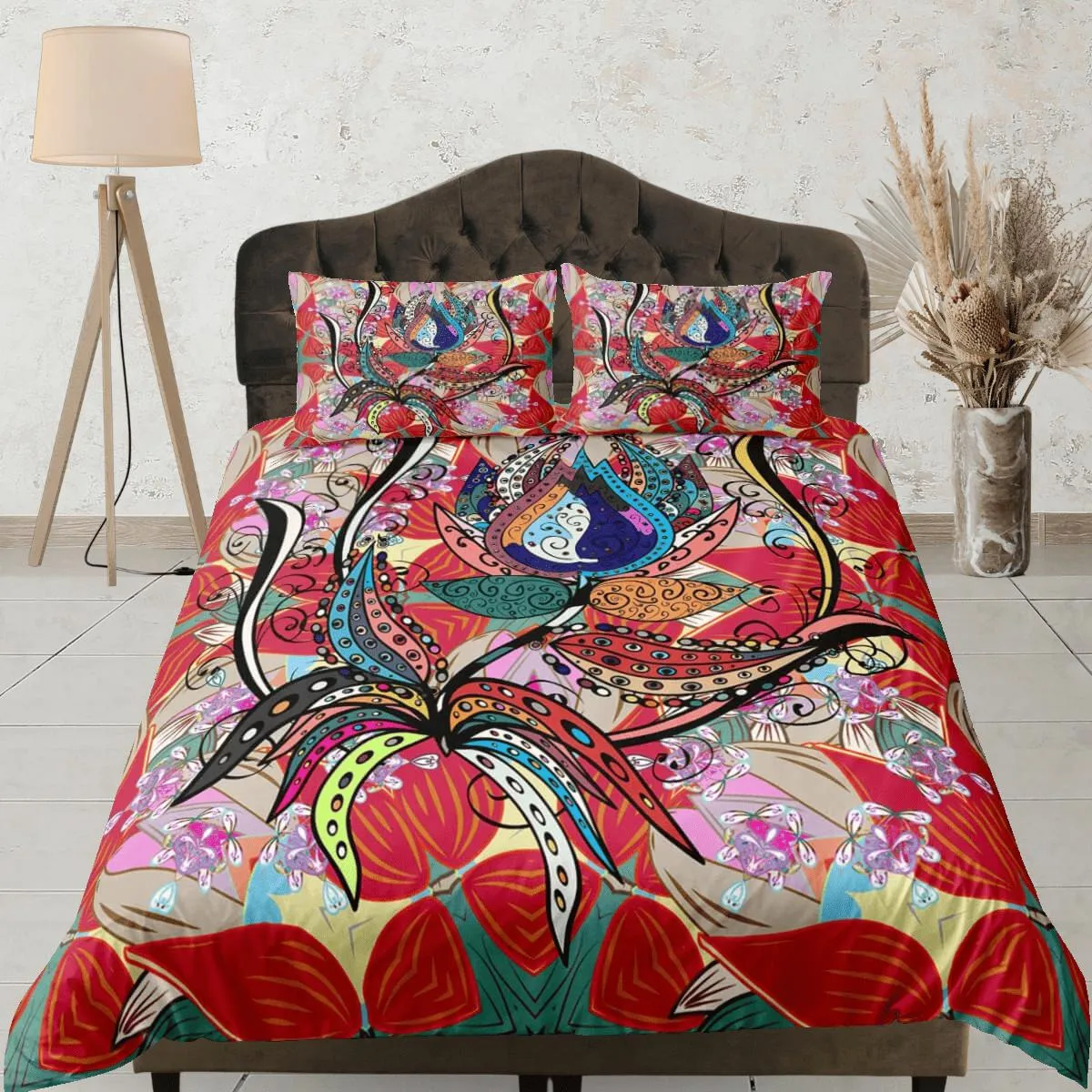 Artistic flower paisley red duvet cover set, aesthetic room decor bedding set full, king, queen size, abstract boho bedspread, luxury cover