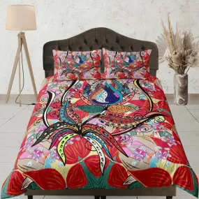 Artistic flower paisley red duvet cover set, aesthetic room decor bedding set full, king, queen size, abstract boho bedspread, luxury cover