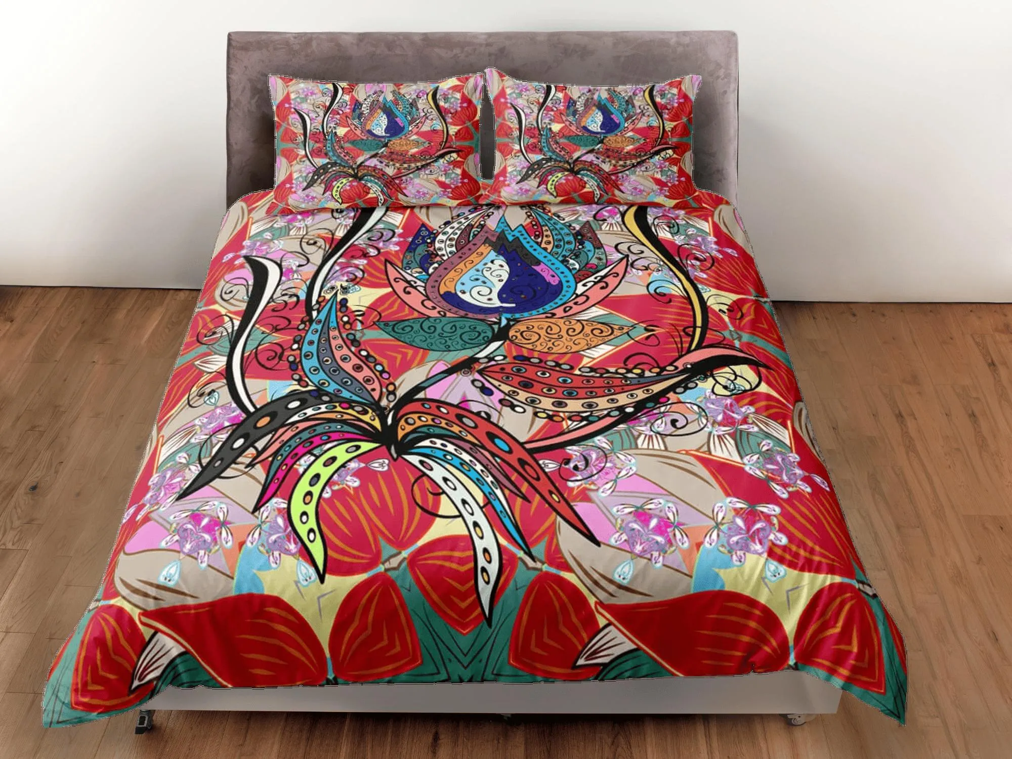 Artistic flower paisley red duvet cover set, aesthetic room decor bedding set full, king, queen size, abstract boho bedspread, luxury cover