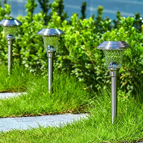 BEAU JARDIN 8 Pack Solar Lights with 7 Color Changing Pathway Outdoor Garden Stake Glass Stainless Steel BG212