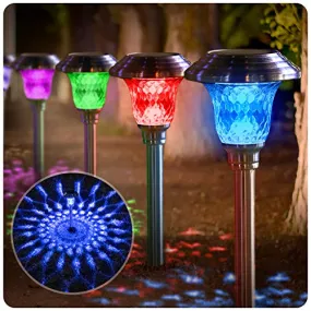 BEAU JARDIN 8 Pack Solar Lights with 7 Color Changing Pathway Outdoor Garden Stake Glass Stainless Steel BG212