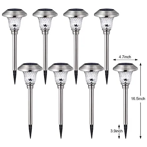 BEAU JARDIN 8 Pack Solar Lights with 7 Color Changing Pathway Outdoor Garden Stake Glass Stainless Steel BG212