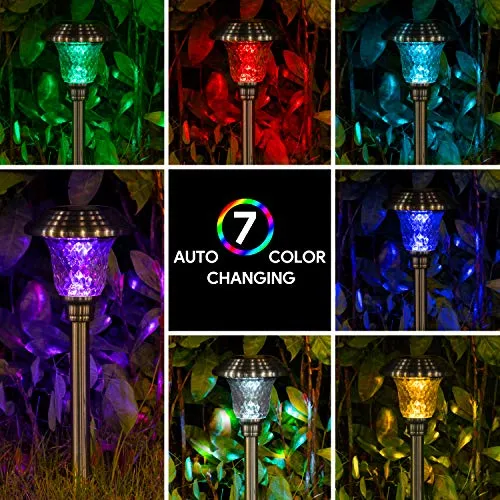 BEAU JARDIN 8 Pack Solar Lights with 7 Color Changing Pathway Outdoor Garden Stake Glass Stainless Steel BG212