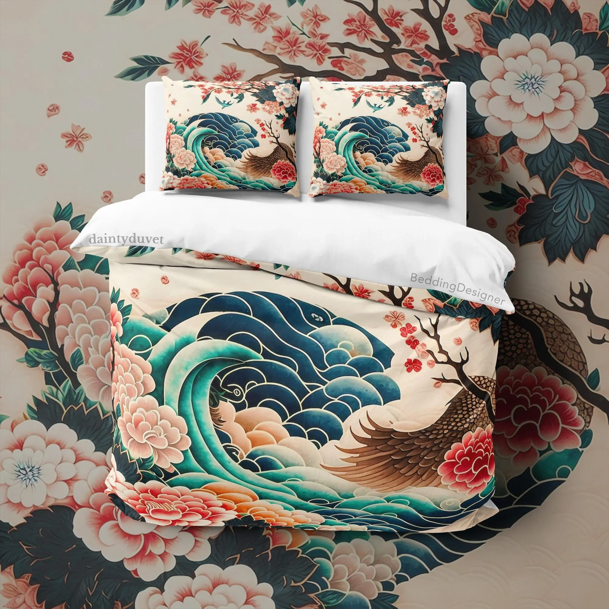 Bird Wing Duvet Cover Great Wave Quilt Cover, Japanese Art Bedding Set Camellia Blanket Cover, Floral Bedspread Girls Room Bedcover