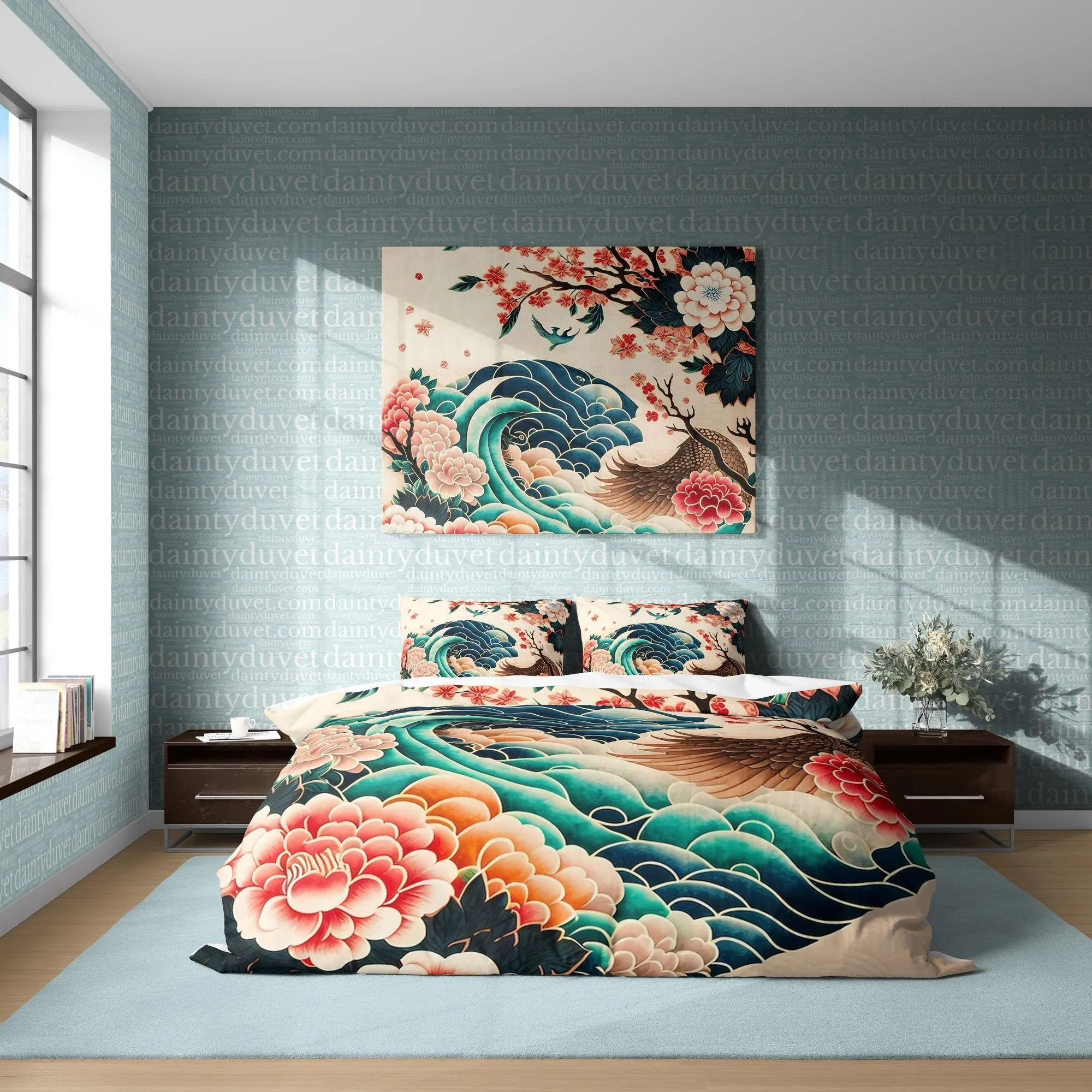 Bird Wing Duvet Cover Great Wave Quilt Cover, Japanese Art Bedding Set Camellia Blanket Cover, Floral Bedspread Girls Room Bedcover