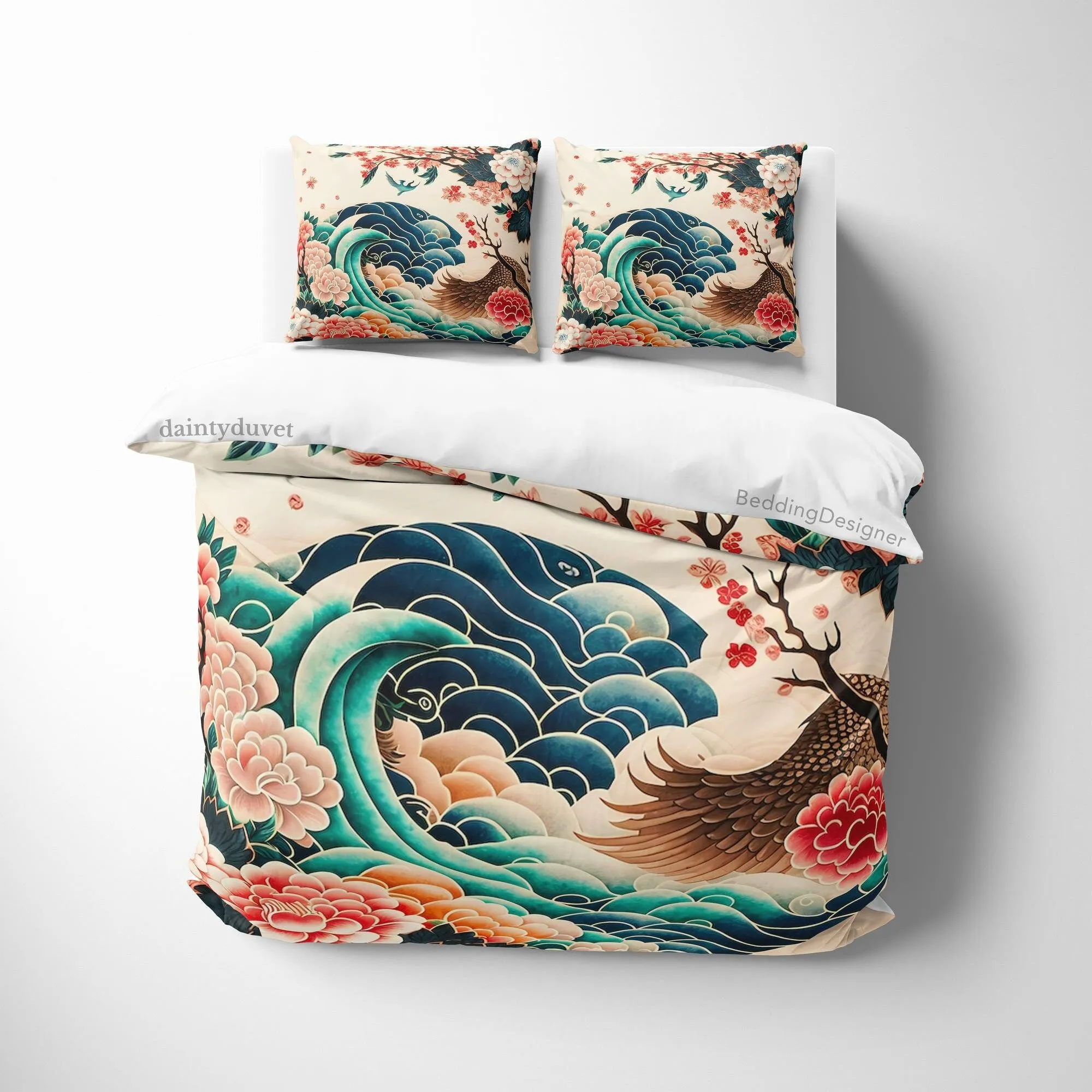 Bird Wing Duvet Cover Great Wave Quilt Cover, Japanese Art Bedding Set Camellia Blanket Cover, Floral Bedspread Girls Room Bedcover