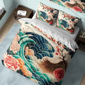 Bird Wing Duvet Cover Great Wave Quilt Cover, Japanese Art Bedding Set Camellia Blanket Cover, Floral Bedspread Girls Room Bedcover