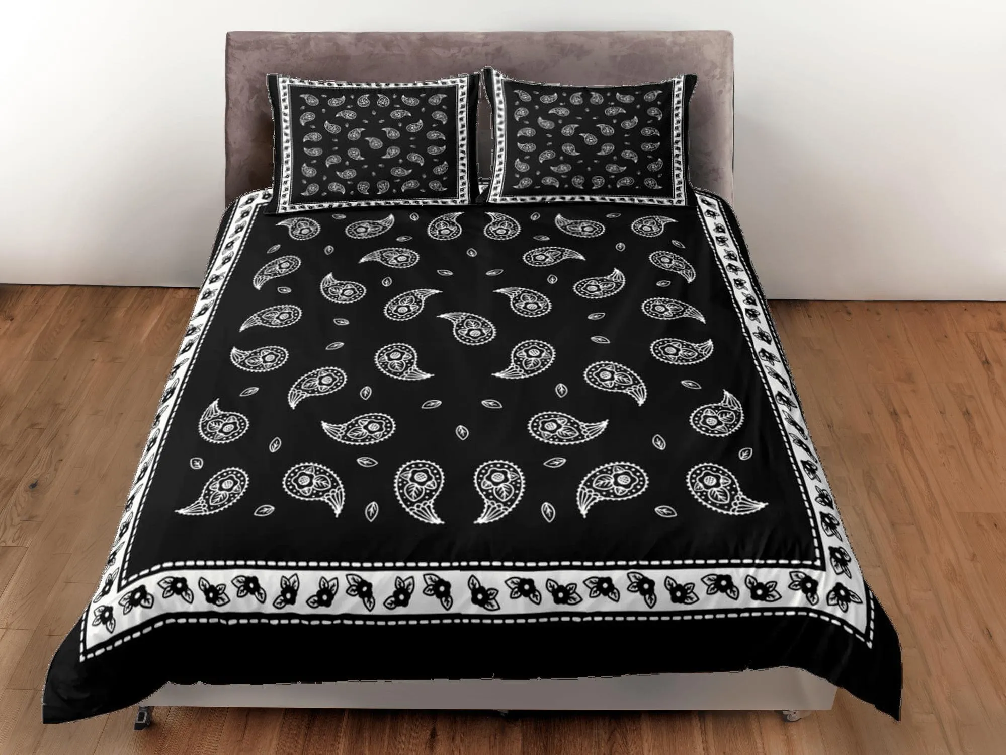 Black bandana paisley duvet cover set, aesthetic room decor bedding set full, king, queen size, abstract boho bedspread, luxury bed cover