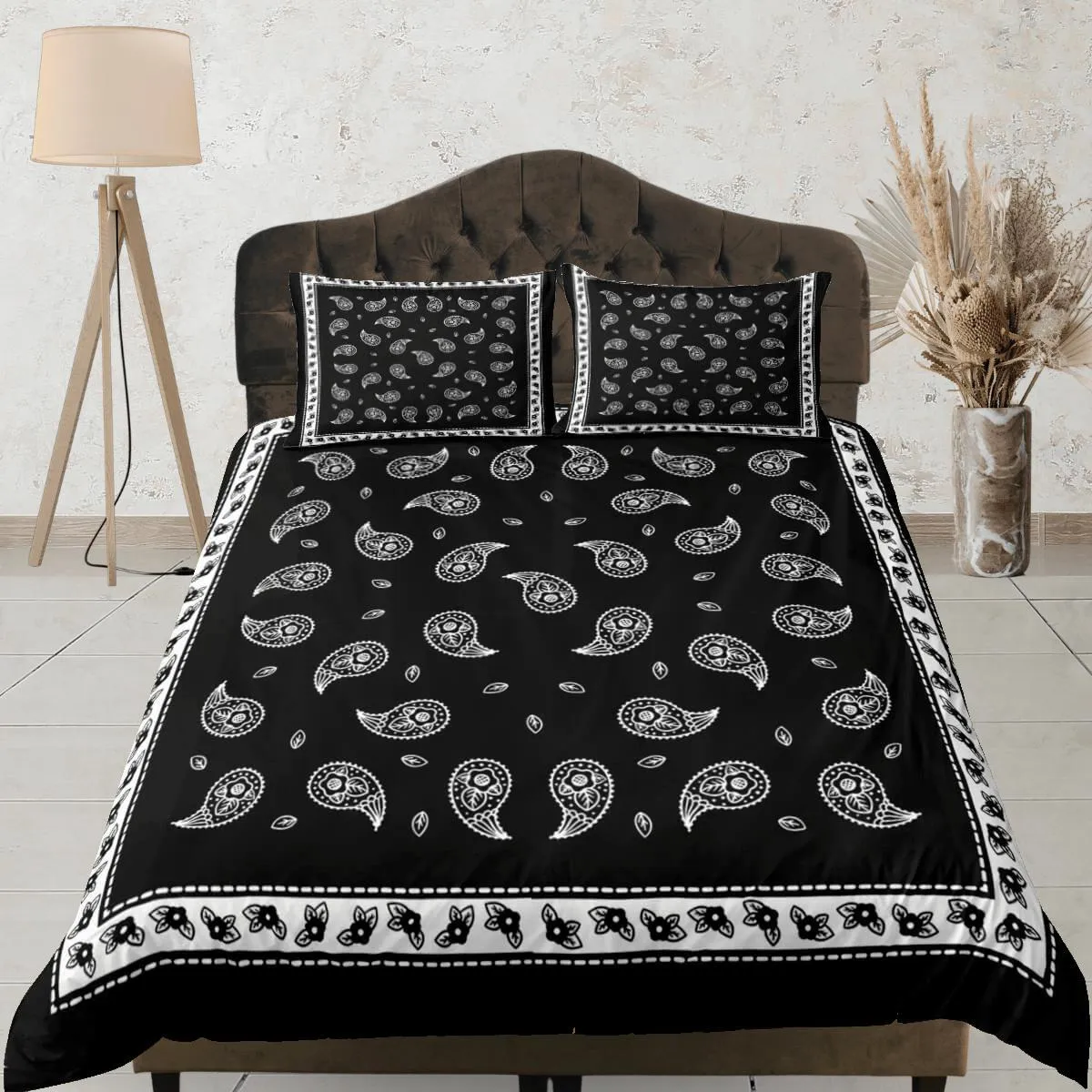 Black bandana paisley duvet cover set, aesthetic room decor bedding set full, king, queen size, abstract boho bedspread, luxury bed cover