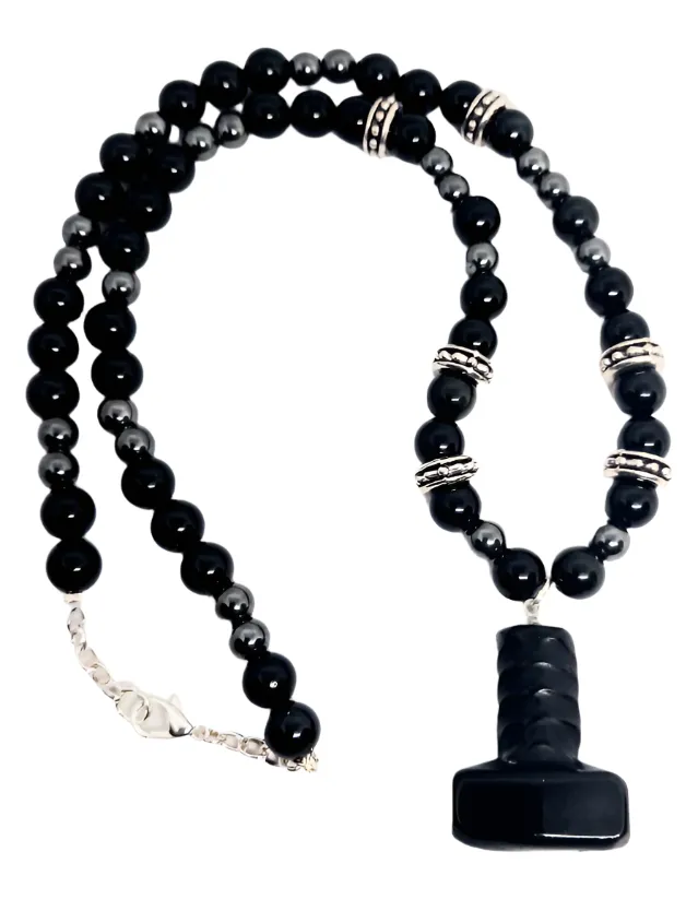 Black Obsidian Crystal Mjölnir Necklace with Hematite