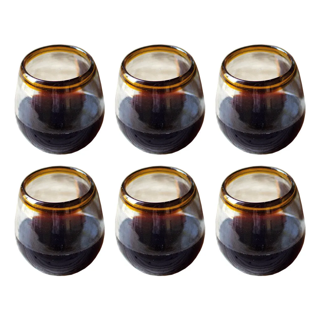 Blown Glass Stemless Wine Glasses With Amber Rim - Set of 6