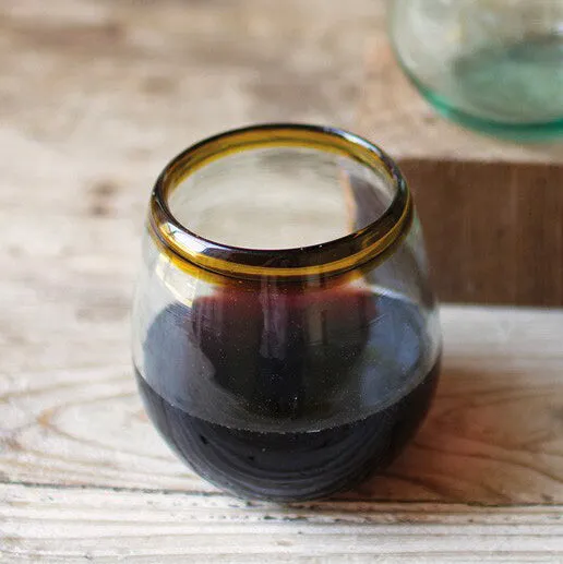 Blown Glass Stemless Wine Glasses With Amber Rim - Set of 6