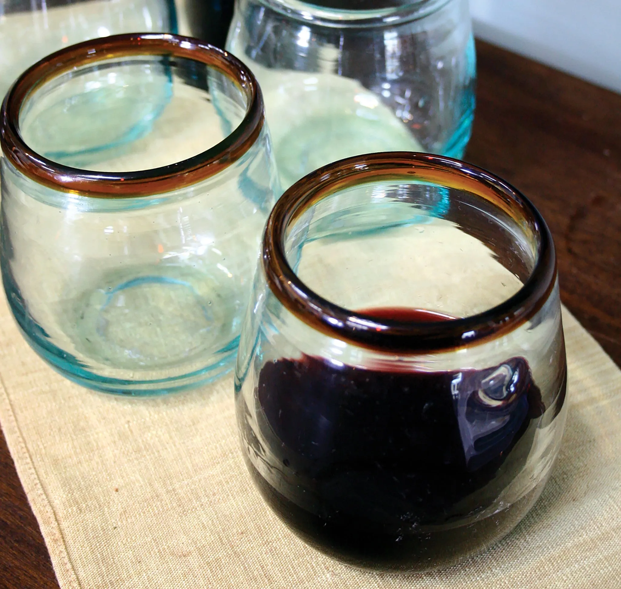 Blown Glass Stemless Wine Glasses With Amber Rim - Set of 6