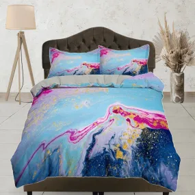 Blue and pink contemporary bedroom set aesthetic duvet cover, alcohol ink abstract art room decor boho chic bedding set full king queen