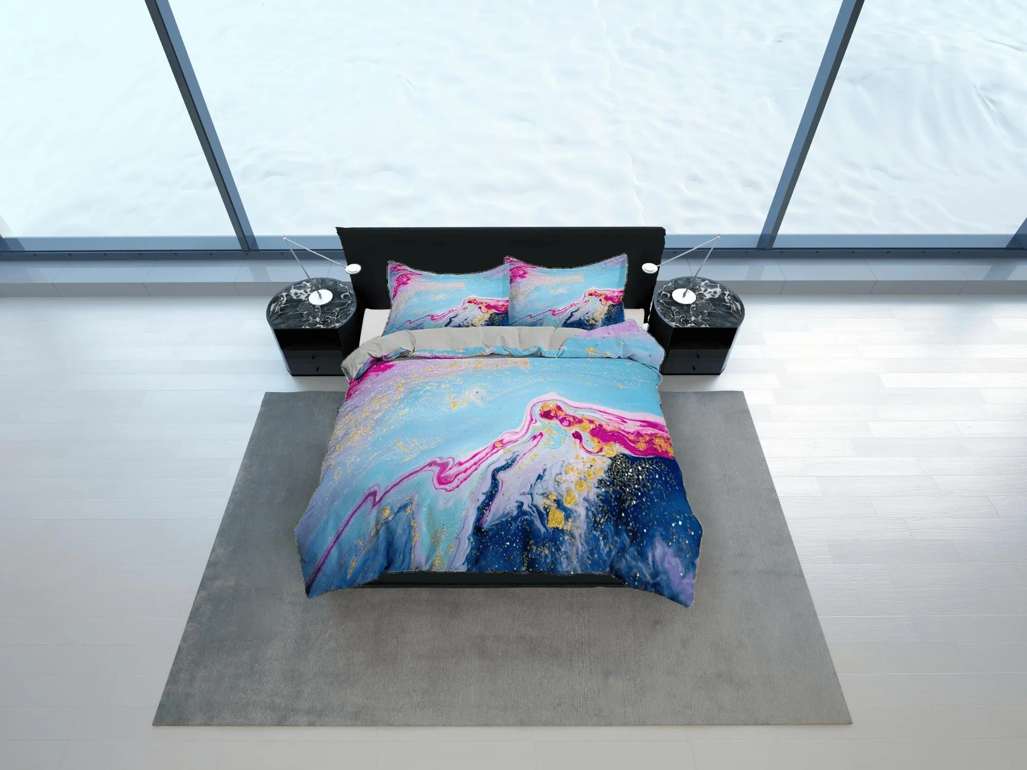 Blue and pink contemporary bedroom set aesthetic duvet cover, alcohol ink abstract art room decor boho chic bedding set full king queen