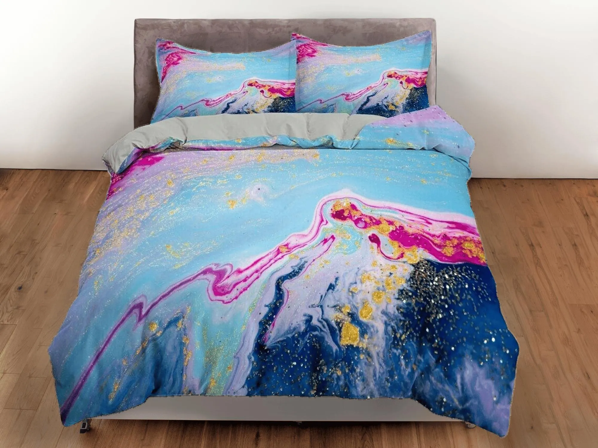 Blue and pink contemporary bedroom set aesthetic duvet cover, alcohol ink abstract art room decor boho chic bedding set full king queen