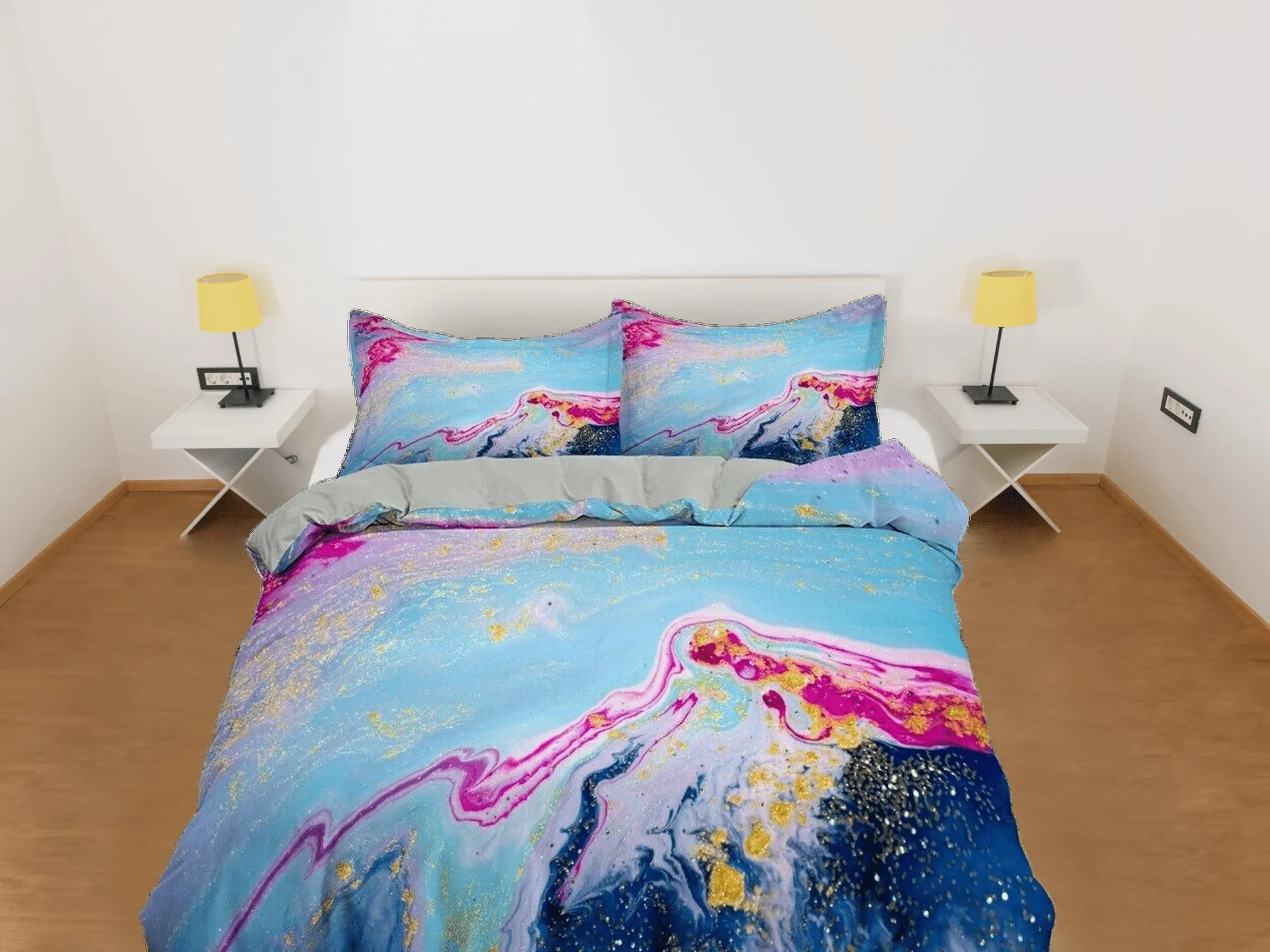 Blue and pink contemporary bedroom set aesthetic duvet cover, alcohol ink abstract art room decor boho chic bedding set full king queen