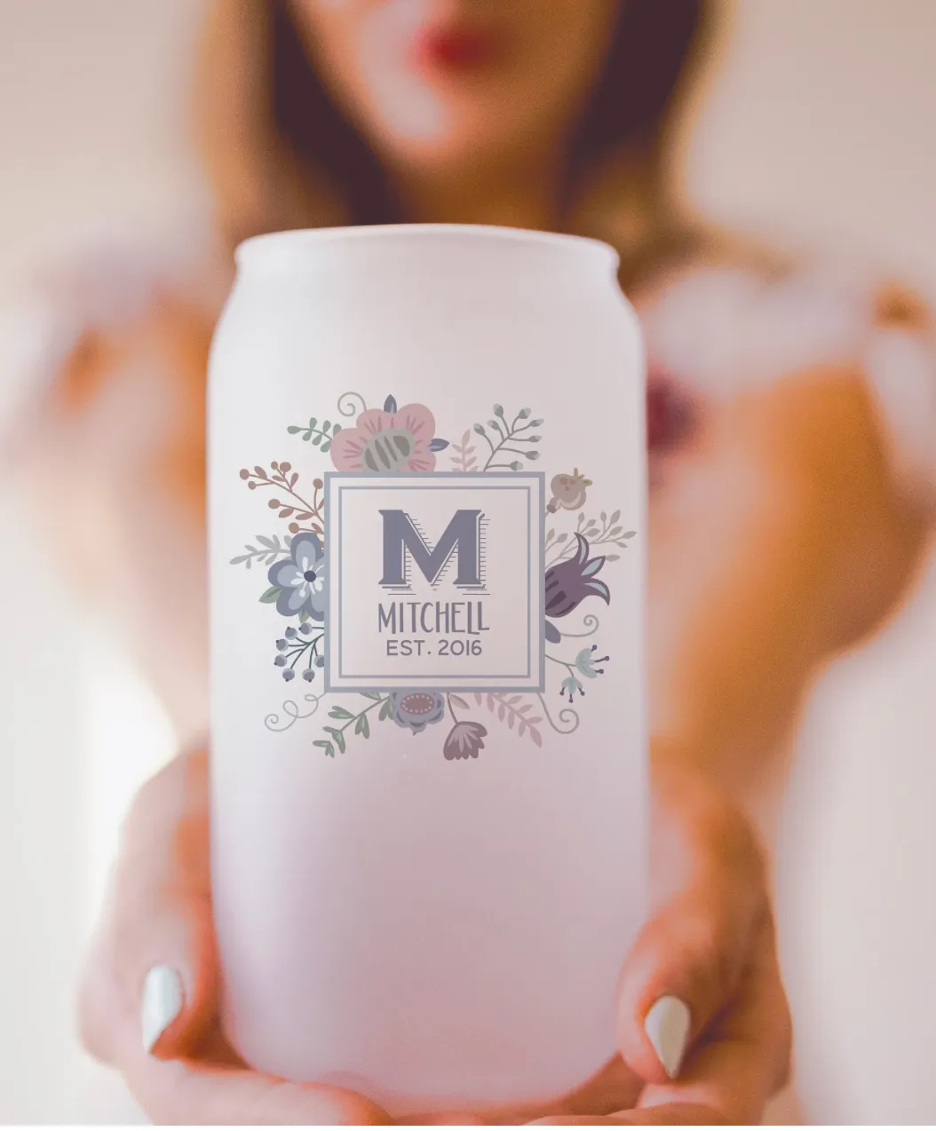 Blue Floral Monogram Can Cup