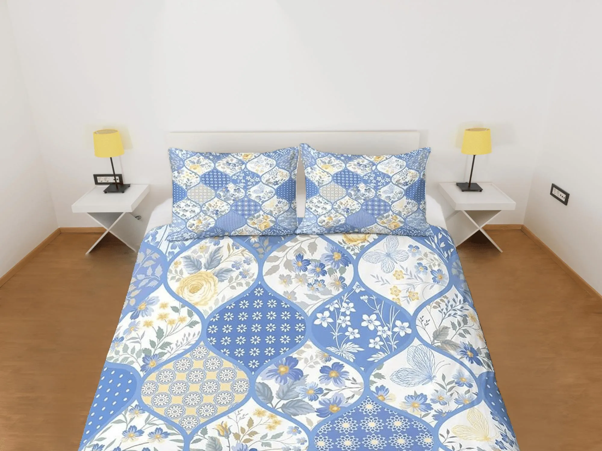 Blue floral patchwork quilt printed duvet cover set, aesthetic room decor bedding set full, king, queen size, boho bedspread shabby chic