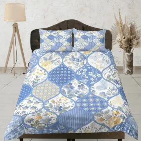 Blue floral patchwork quilt printed duvet cover set, aesthetic room decor bedding set full, king, queen size, boho bedspread shabby chic