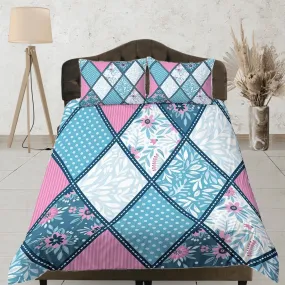 Blue pink patchwork quilt diamond printed duvet cover set, aesthetic room bedding set full, king, queen size, boho bedspread shabby chic