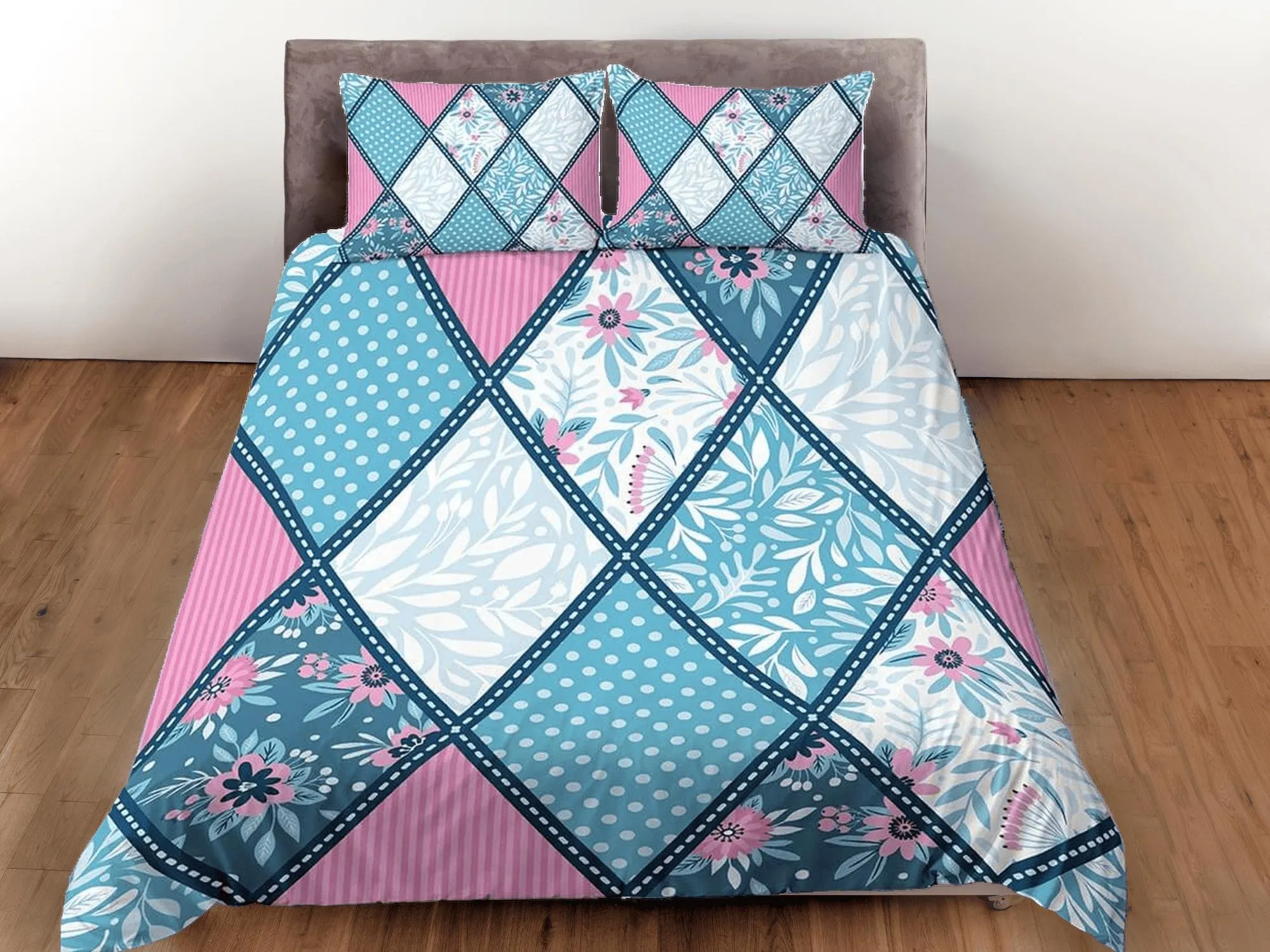 Blue pink patchwork quilt diamond printed duvet cover set, aesthetic room bedding set full, king, queen size, boho bedspread shabby chic