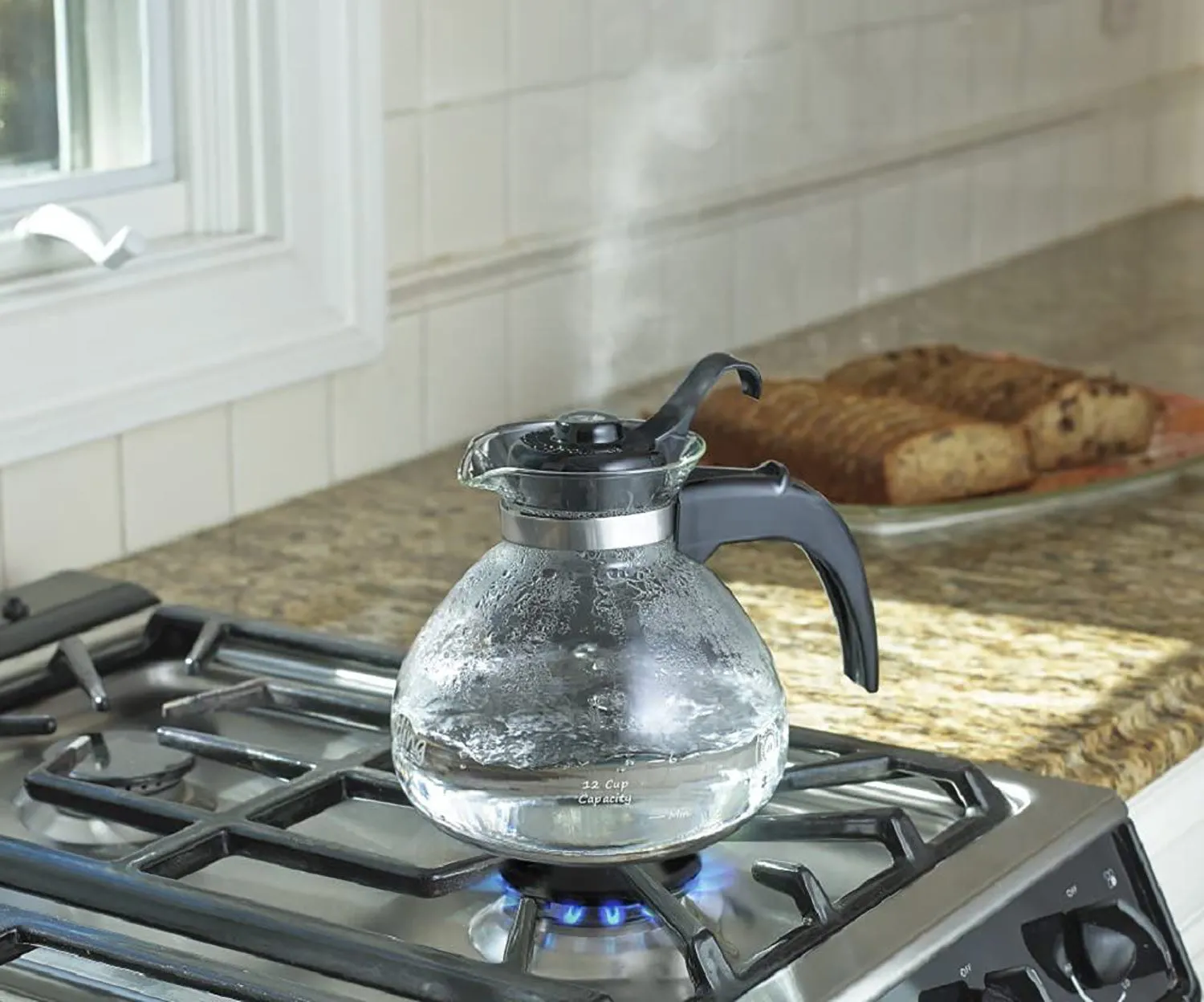 Café Brew Collection Stovetop Schott Glass Whistling Kettle, Clear, 12 Cup