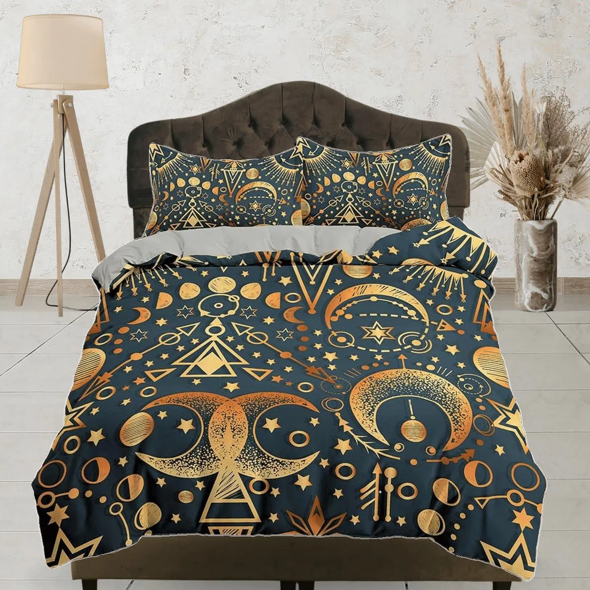 Celestial bedding gold alchemist, witchy decor dorm bedding, aesthetic duvet, boho bedding set full king queen, astrology gifts, gothic art