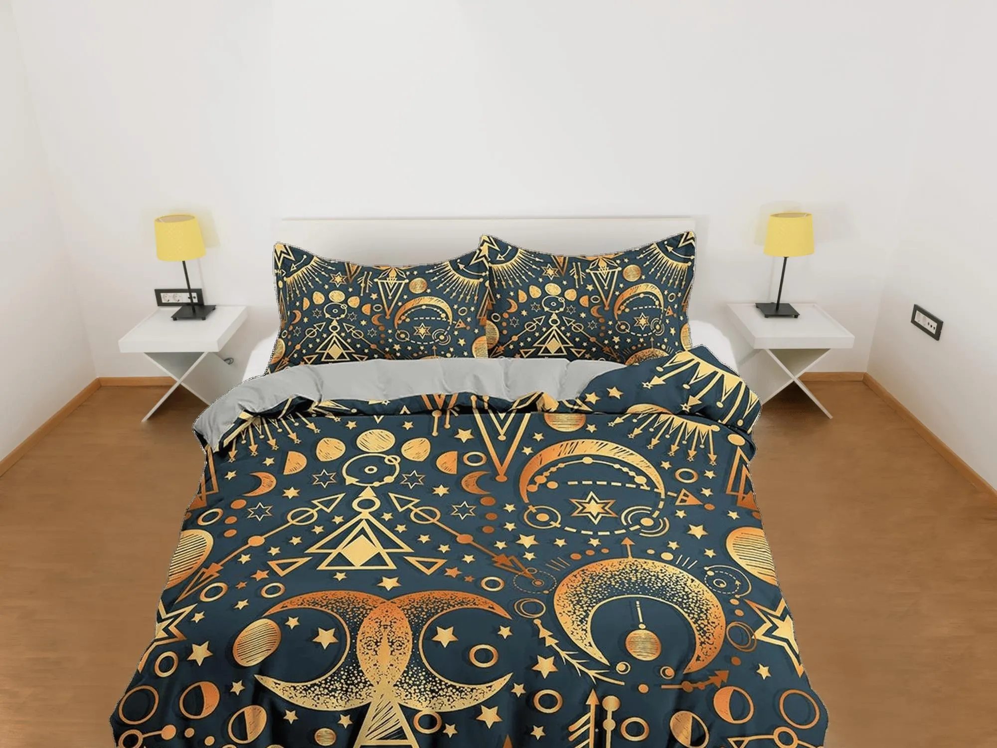 Celestial bedding gold alchemist, witchy decor dorm bedding, aesthetic duvet, boho bedding set full king queen, astrology gifts, gothic art