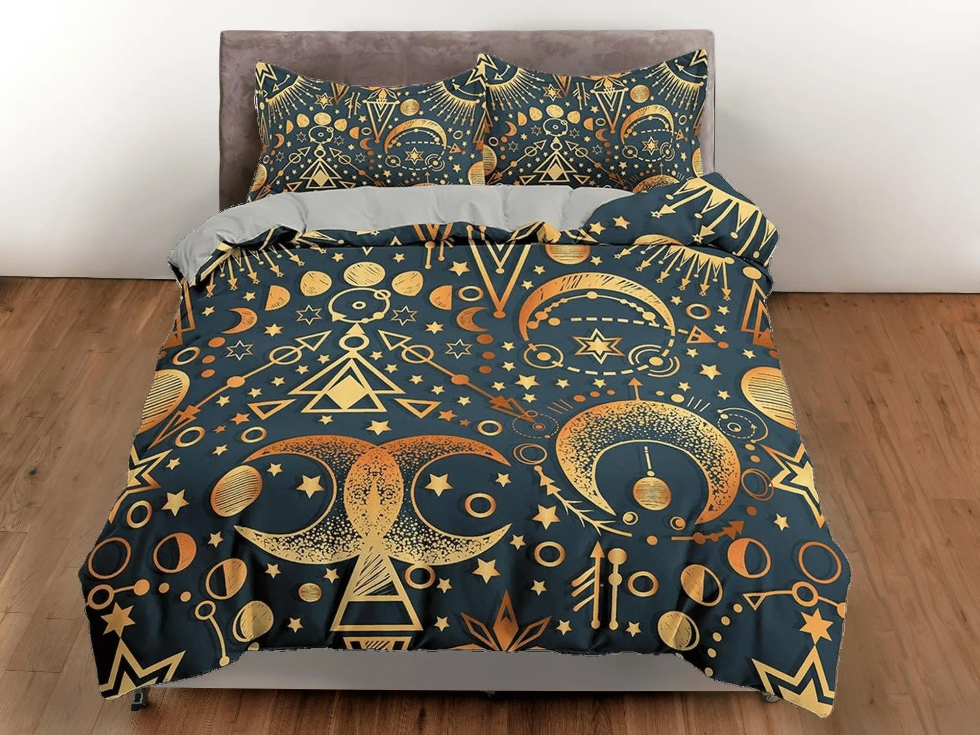 Celestial bedding gold alchemist, witchy decor dorm bedding, aesthetic duvet, boho bedding set full king queen, astrology gifts, gothic art