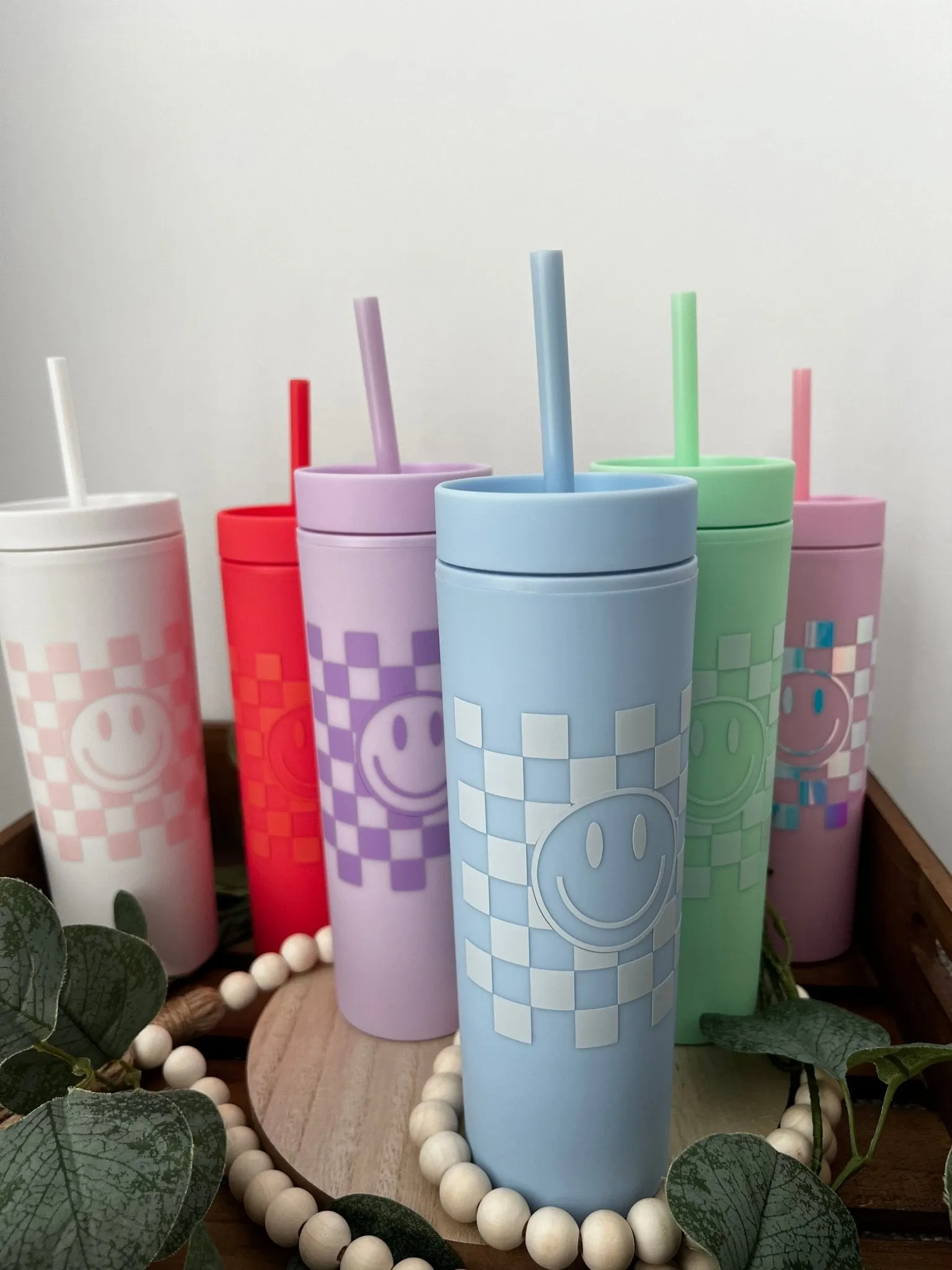 Checkered Smiley Skinny Tumbler