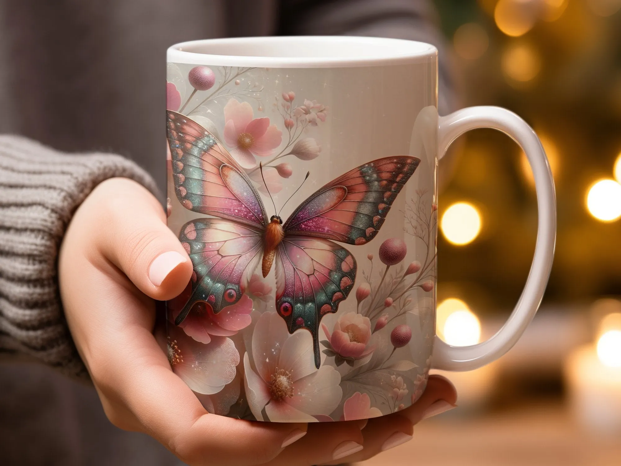 Colorful Butterfly and Flowers Coffee Mug, Butterfly Mug with Name, Cute Floral Coffee Cup, Butterfly Gifts for Women