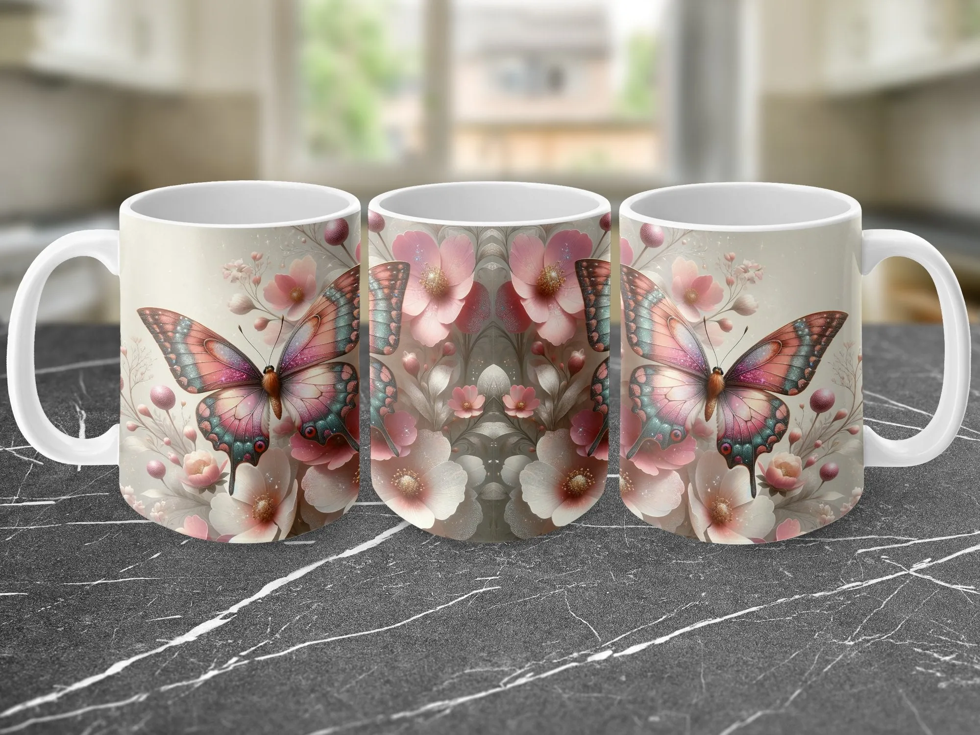 Colorful Butterfly and Flowers Coffee Mug, Butterfly Mug with Name, Cute Floral Coffee Cup, Butterfly Gifts for Women