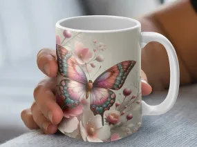 Colorful Butterfly and Flowers Coffee Mug, Butterfly Mug with Name, Cute Floral Coffee Cup, Butterfly Gifts for Women